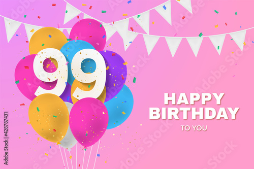 Happy 99th birthday balloons greeting card background. 99 years anniversary. 99th celebrating with confetti. Illustration stock photo