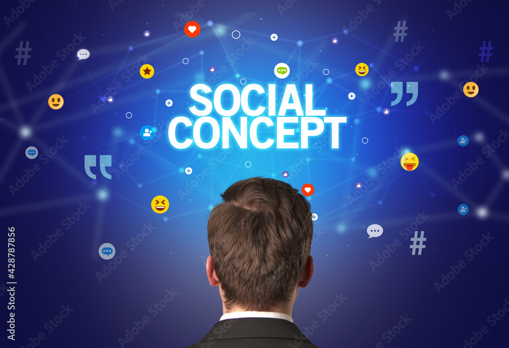 Rear view of a businessman, social media concept Rear view of a businessman, social media concept