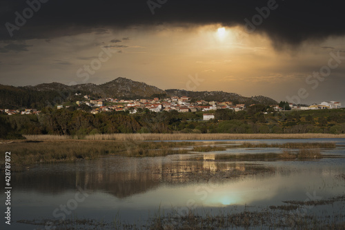 Beautiful sunset at the Louro village near Xalfas lake in Galicia photo