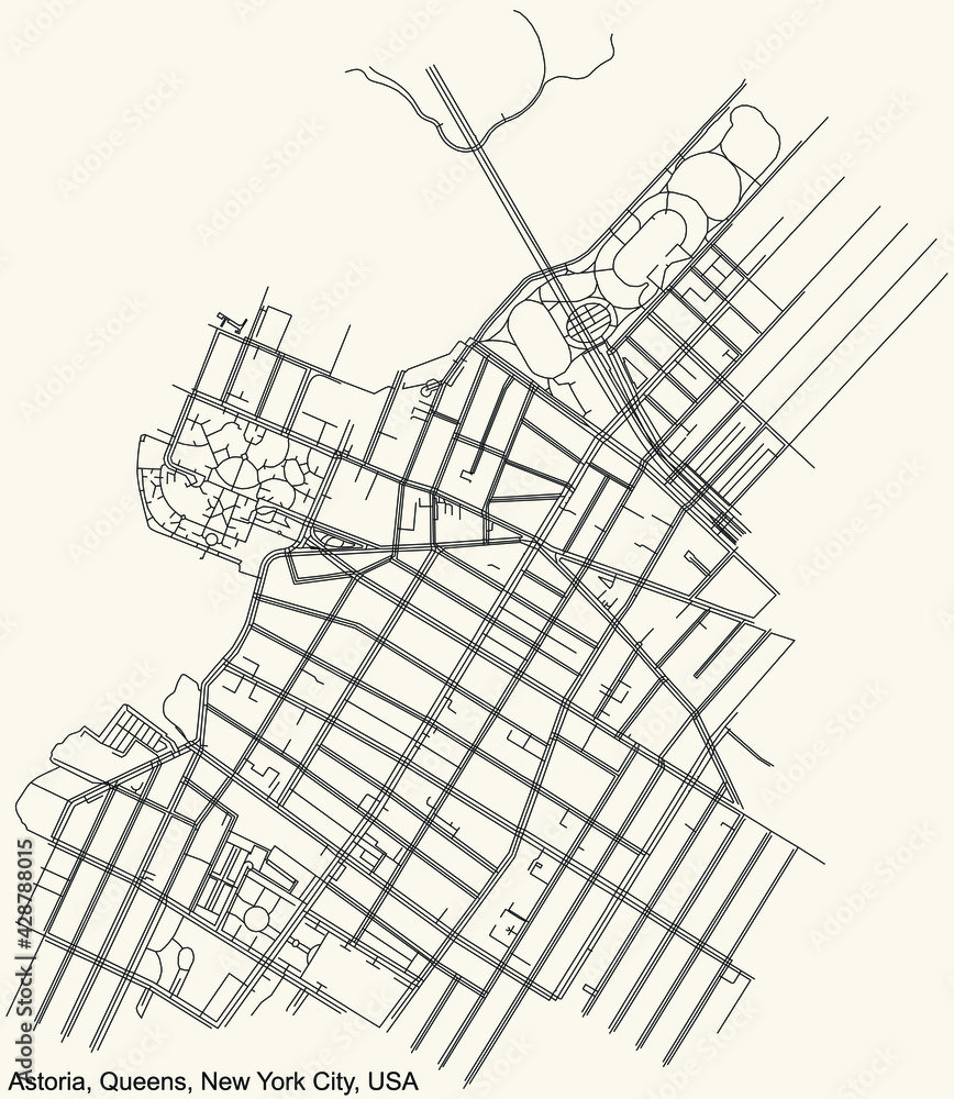 Black simple detailed street roads map on vintage beige background of the quarter Astoria neighborhood of the Queens borough of New York City, USA