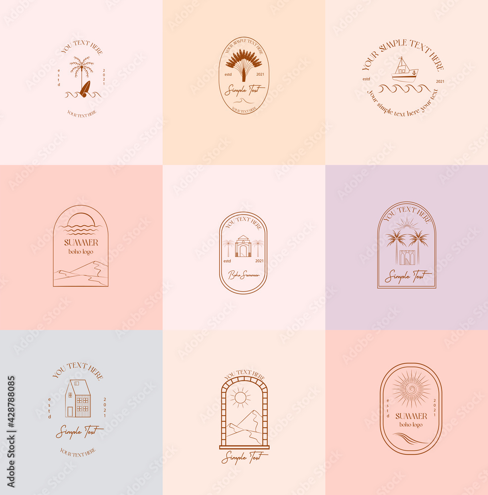 Collection of Summer Boho linear logos, symbols, icons design template. Editable vector logotype. Collection of Summer Boho linear logos, symbols, icons design template. Editable vector logotype.