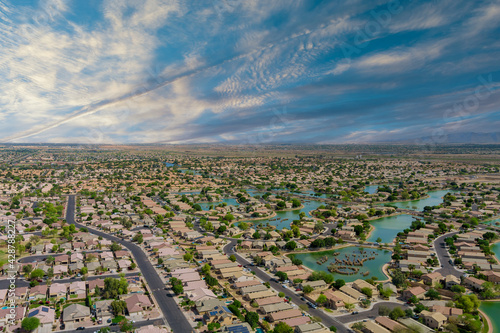 Landscape scenic aerial panorama view of a suburban settlement in USA with detached houses with Avondale the Arizona photo