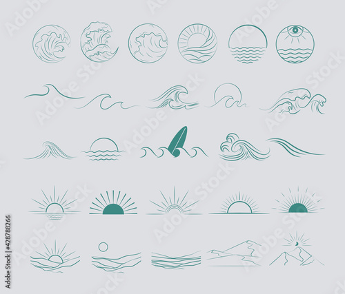 Collection of Summer Boho linear symbols, icons design. Sun, sea waves, landscape. Editable Vector Illustration.
