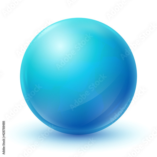 One big beautiful blue ball isolated on white background. Realistic 3d blue sphere. Glass glossy vector ball with shadow. Crystal magic sphere. Vector illustration eps10