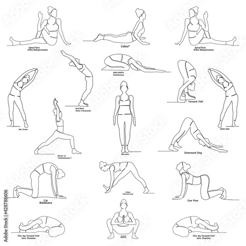 Set of continuous line drawings depicting women practicing fitness yoga poses, symbolizing health, wellness, balance, and mindfulness in a minimalist vector style. 