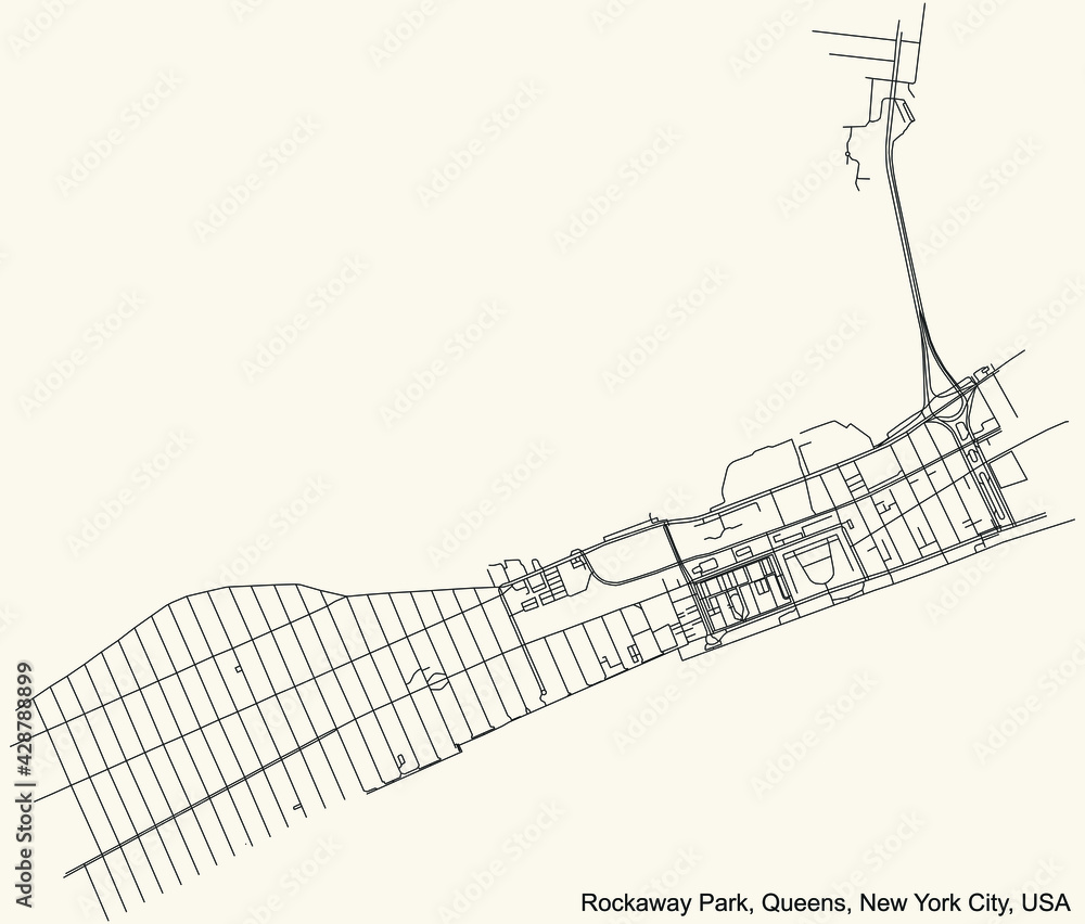 Obraz premium Black simple detailed street roads map on vintage beige background of the quarter Rockaway Park neighborhood of the Queens borough of New York City, USA
