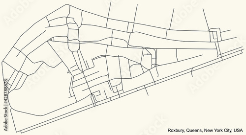 Black simple detailed street roads map on vintage beige background of the quarter Roxbury neighborhood of the Queens borough of New York City, USA