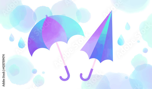 水彩で描いた傘と雨粒のデザイン