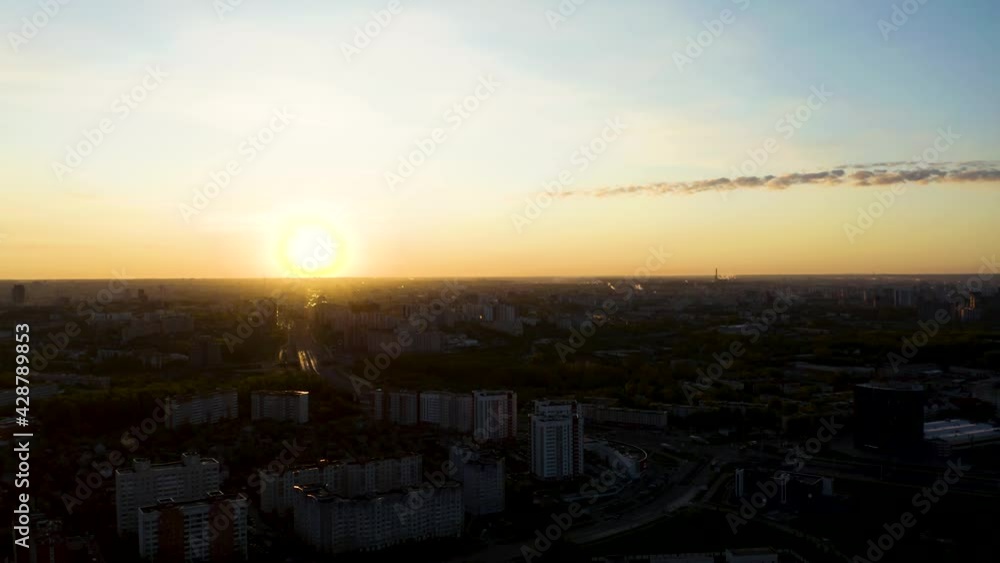 Aerial bird-eye view cityscape on sunrise. Townscape view in Minsk. Aerial bird-eye view cityscape on sunrise. Townscape view in Minsk.
