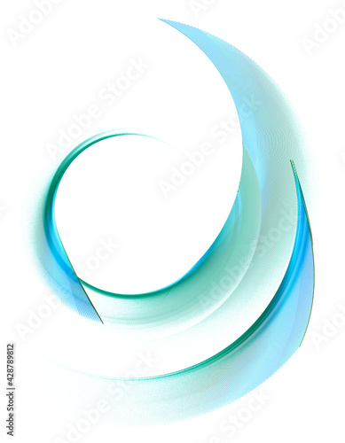 Blue and turquoise transparent, striped elements curl and create a circular frame on a white background. Graphic design element. 3d rendering. 3d illustration. Logo, symbol, sign, icon.