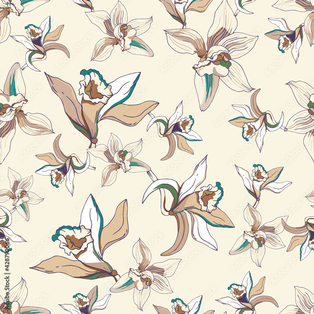 Light tropical pattern of vanilla and lily flowers. Delicate vector seamless background in pastel colors