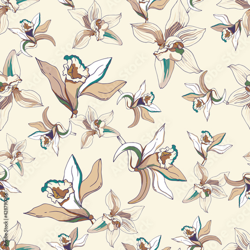 Light tropical pattern of vanilla and lily flowers. Delicate vector seamless background in pastel colors