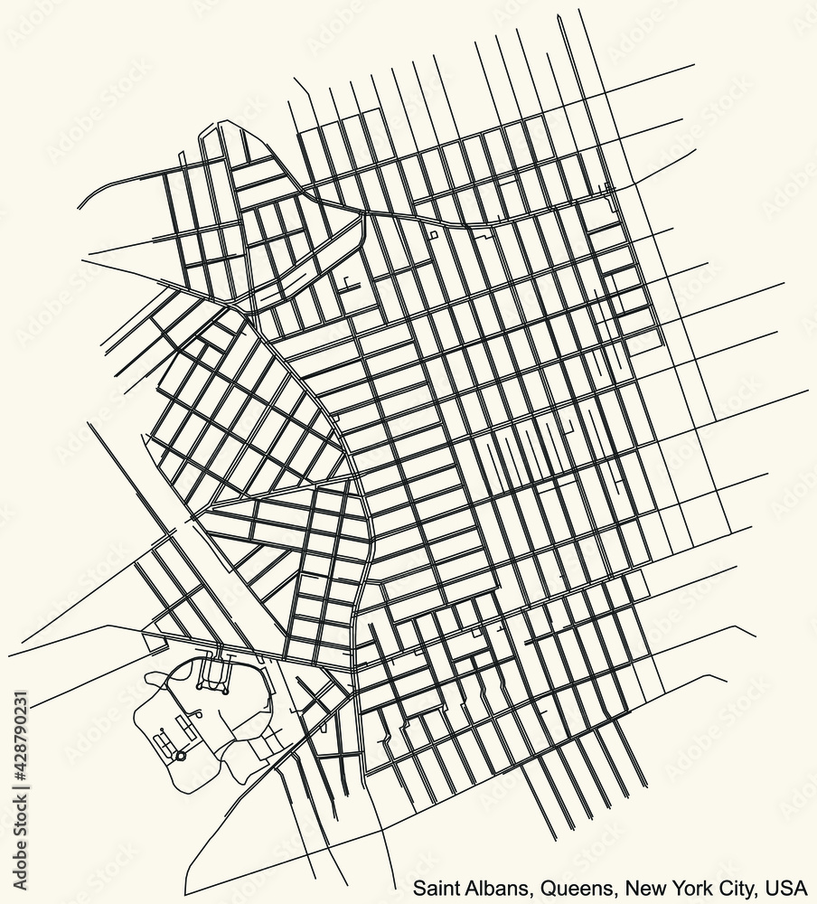 Black simple detailed street roads map on vintage beige background of the quarter Saint Albans neighborhood of the Queens borough of New York City, USA