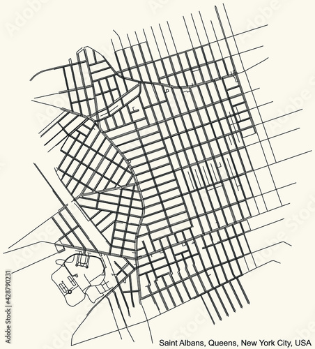 Black simple detailed street roads map on vintage beige background of the quarter Saint Albans neighborhood of the Queens borough of New York City, USA