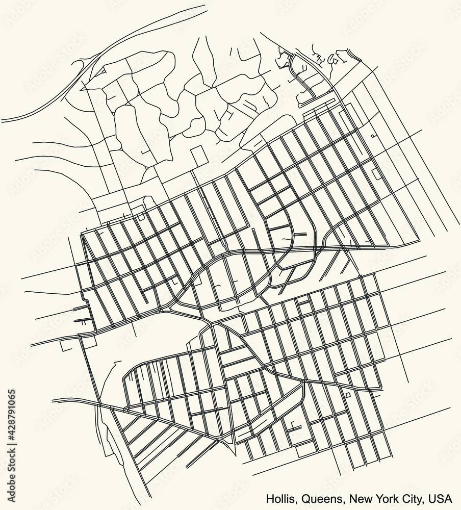 Black simple detailed street roads map on vintage beige background of the quarter Hollis neighborhood of the Queens borough of New York City, USA