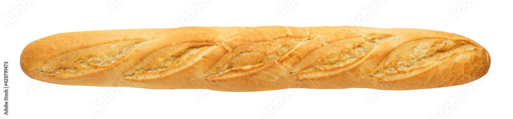 Long french baguette loaf isolated on white background.