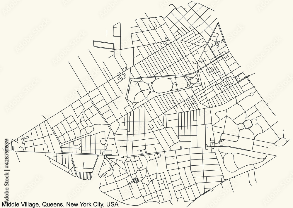 Black simple detailed street roads map on vintage beige background of the quarter Middle Village neighborhood of the Queens borough of New York City, USA