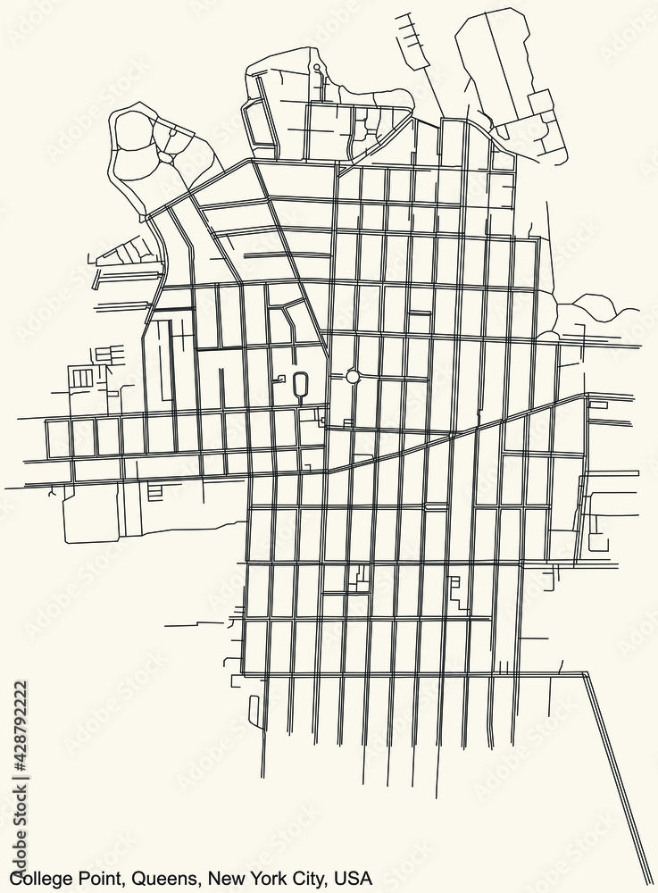 Black simple detailed street roads map on vintage beige background of the quarter College Point neighborhood of the Queens borough of New York City, USA