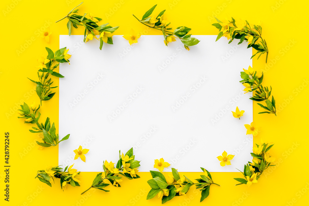 Happy Easter mockup - yellow flowers, flat lay, top view Happy Easter mockup - yellow flowers, flat lay, top view