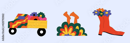 summer vector stickers in hippie style - a truck with flowers, legs in the bushes, boots with flowers.Retro stickers in the style of the 60s and 70s.Psychedelic tattoo templates.Groove flowers 