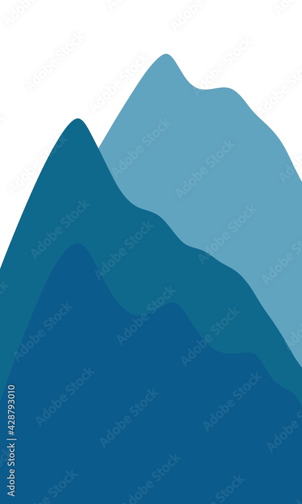 Abstract simple isolated mountains poster in muted blue colors on white. Scenic basic colorful landscape view. Flat and simple illustration great as template, backdrop or print. Cartoon hills.