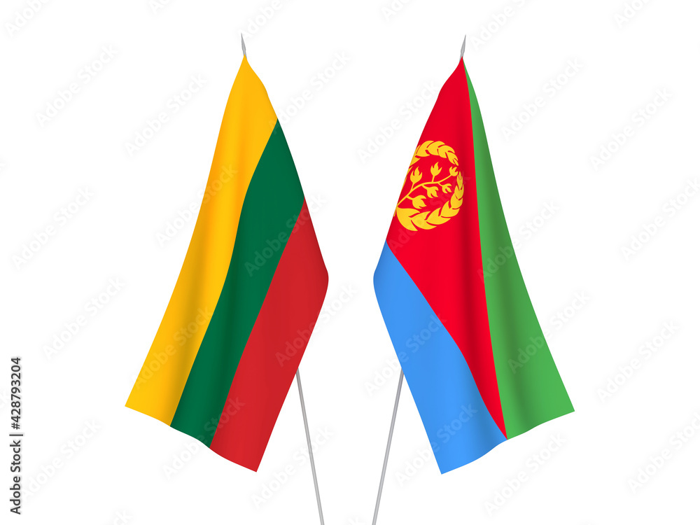 National fabric flags of Lithuania and Eritrea isolated on white background. 3d rendering illustration. National fabric flags of Lithuania and Eritrea isolated on white background. 3d rendering illustration.