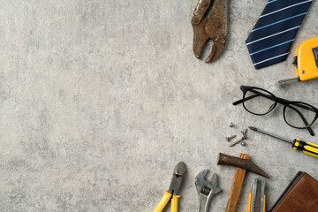 Top view design concept of Father's day with working tools on blue background.