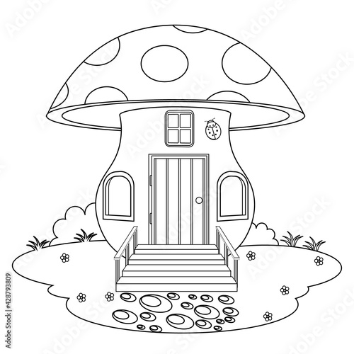 Fairy mushroom house in a clearing coloring book. Vector illustration of a house of small creatures.