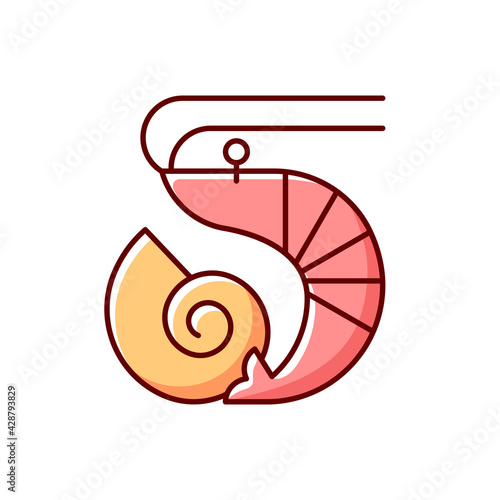 Crustaceans and molluscs RGB color icon. Marine food. Fresh food. Intolerance for prawn. Common allergen. Cause of allergic reaction, intolerance. Allergy for ingredient. Isolated vector illustration