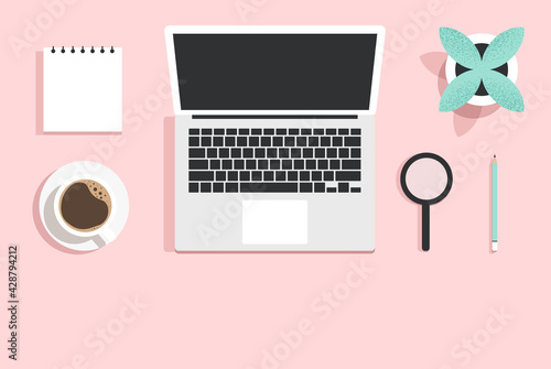 Workplace, workspace, desktop. Top view of the working table with a laptop, coffee cup, pencil, stationary and flower pot. Research, search concept. Modern minimalist isolated flat vector illustration