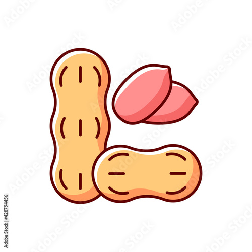 Peanut RGB color icon. Nut for nourishment. Nutrient diet, food ingredient. Protein dense foodstuff. Cause of allergic reaction. Common allergen, cause of allergy. Isolated vector illustration