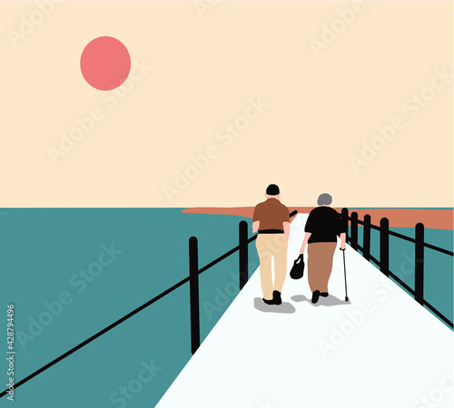 Two men walking on a bridge in a park on a sunny day with walker. Holiday Together.