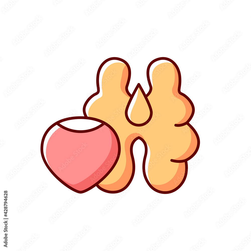 Tree nuts RGB color icon. Walnut and hazelnut as common allergen. Nutrient food ingredient. Fat and protein dense source for healthy eating. Cause of allergy. Isolated vector illustration Tree nuts RGB color icon. Walnut and hazelnut as common allergen. Nutrient food ingredient. Fat and protein dense source for healthy eating. Cause of allergy. Isolated vector illustration