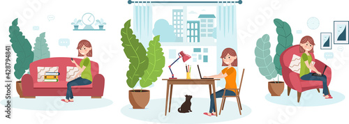
Work from home. Set of design concepts. Freelancer woman sitting in the living room on the couch with a mobile phone, laptop, work folders. Vector illustration