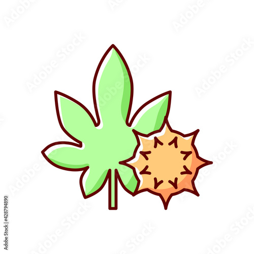 Castor bean RGB color icon. Exotic flowering plant. Ricinus communis. Cause of allergic reaction, seasonal herbal allergen. Allergy for plant. Source of castor oil. Isolated vector illustration