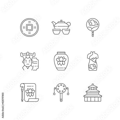 Chinese traditions linear icons set. Ancient coin. Tea ceremony. Cantonese opera. Temple of Heaven. Customizable thin line contour symbols. Isolated vector outline illustrations. Editable stroke