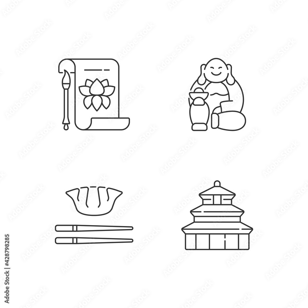 Chinese history linear icons set. Traditional calligraphy. Temple of Heaven. Eastern culture. Customizable thin line contour symbols. Isolated vector outline illustrations. Editable stroke Chinese history linear icons set. Traditional calligraphy. Temple of Heaven. Eastern culture. Customizable thin line contour symbols. Isolated vector outline illustrations. Editable stroke