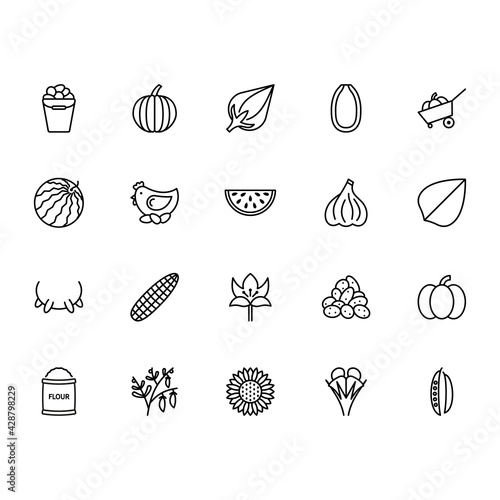Farming Line Icon In A Simple Style. The icons are Vegetables, Lentils, Peas, Buckwheat, Pumpkin, Sunflower, Harvester, Farmer, Horse, Goose, Chicken, Egg. A set of vector icons in a simple style