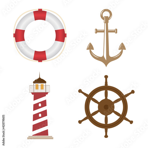 Vector marine set isolated on white. Lifebuoy, anchor, lighthouse, steering wheel. For a wide range of applications in design.