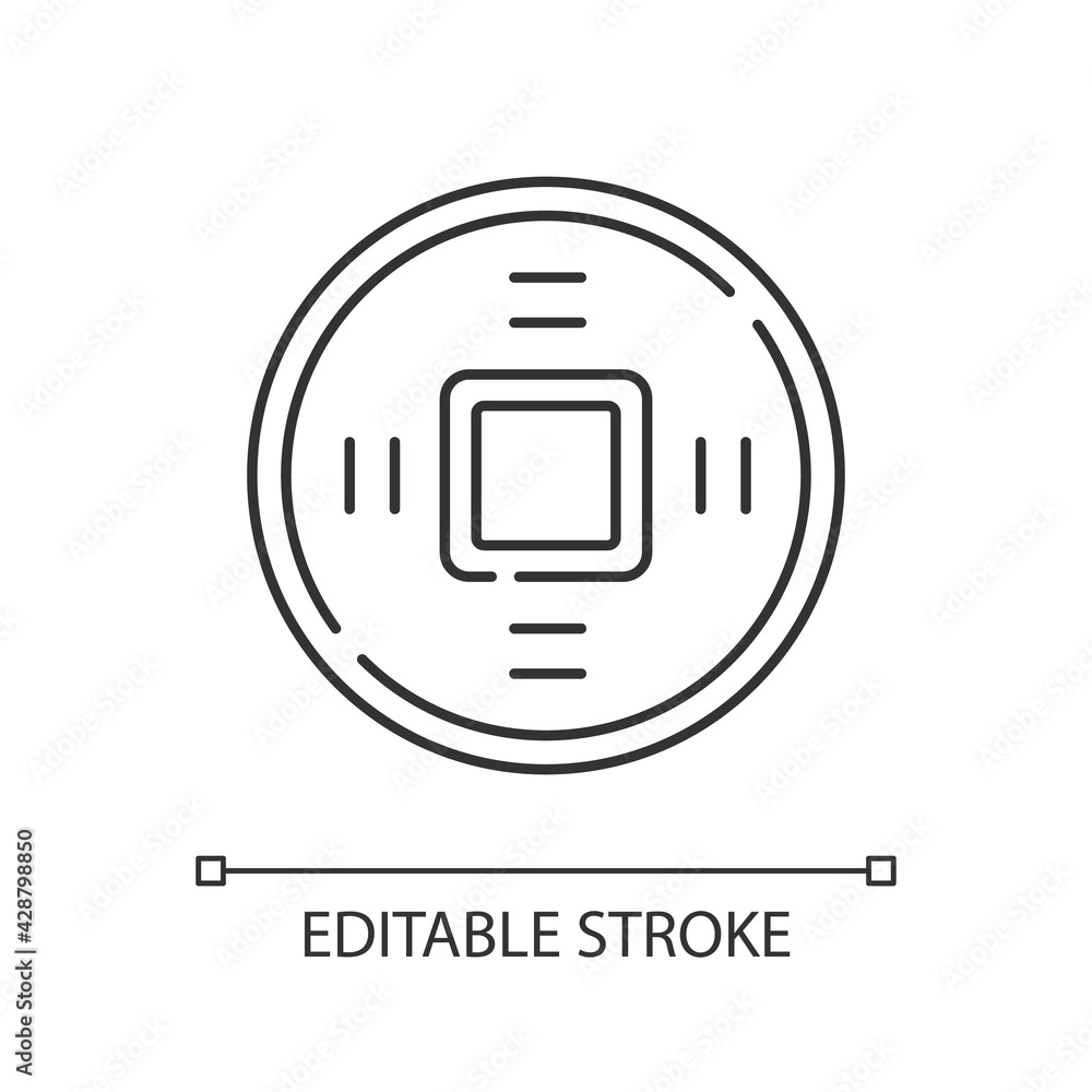 Ancient Chinese coins linear icon. Lucky charm. Antique currency. Wish of luck and good fortune. Thin line customizable illustration. Contour symbol. Vector isolated outline drawing. Editable stroke Ancient Chinese coins linear icon. Lucky charm. Antique currency. Wish of luck and good fortune. Thin line customizable illustration. Contour symbol. Vector isolated outline drawing. Editable stroke
