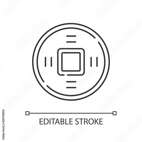 Ancient Chinese coins linear icon. Lucky charm. Antique currency. Wish of luck and good fortune. Thin line customizable illustration. Contour symbol. Vector isolated outline drawing. Editable stroke