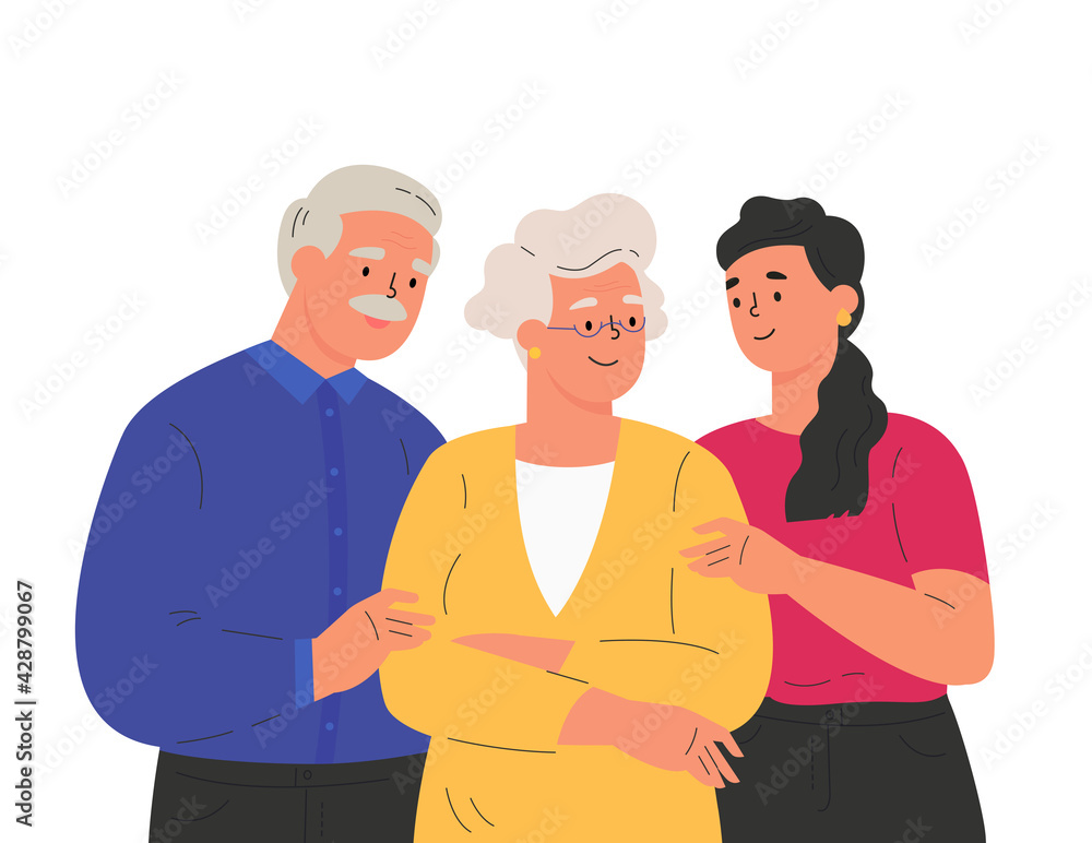 Portrait of happy family hugging each other. Adult woman embracing mature parents or grandparents isolated on white background. Old parents with child feeling love. Vector illustration in flat style. Portrait of happy family hugging each other. Adult woman embracing mature parents or grandparents isolated on white background. Old parents with child feeling love. Vector illustration in flat style.