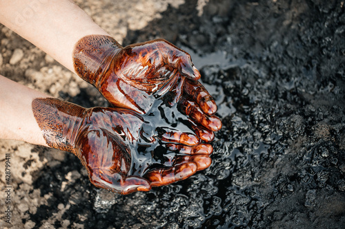 Caucasian hands cupped with black crude oil. Oil spilled on the ground.