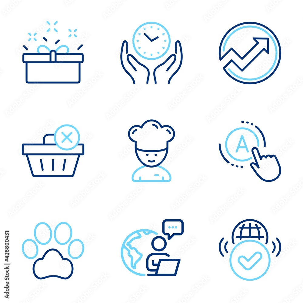 Business icons set. Included icon as Delete purchase, Audit, Safe time signs. Present box, Verified internet, Ab testing symbols. Cooking chef, Dog paw line icons. Line icons set. Vector Business icons set. Included icon as Delete purchase, Audit, Safe time signs. Present box, Verified internet, Ab testing symbols. Cooking chef, Dog paw line icons. Line icons set. Vector