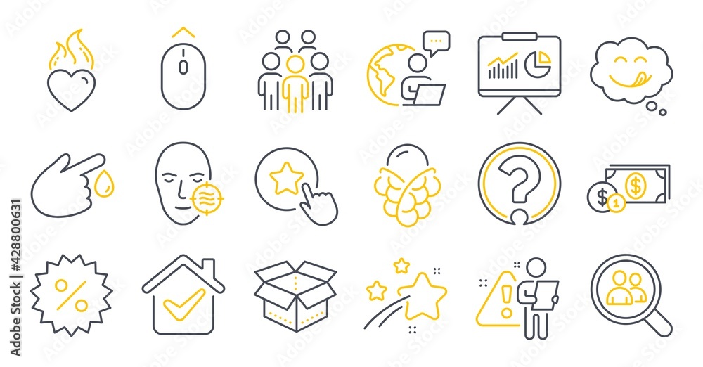 Set of Business icons, such as Group people, Discount, Search employees symbols. Heart flame, Open box, Swipe up signs. Presentation, Blood donation, Dollar money. Problem skin, Ice cream. Vector Set of Business icons, such as Group people, Discount, Search employees symbols. Heart flame, Open box, Swipe up signs. Presentation, Blood donation, Dollar money. Problem skin, Ice cream. Vector