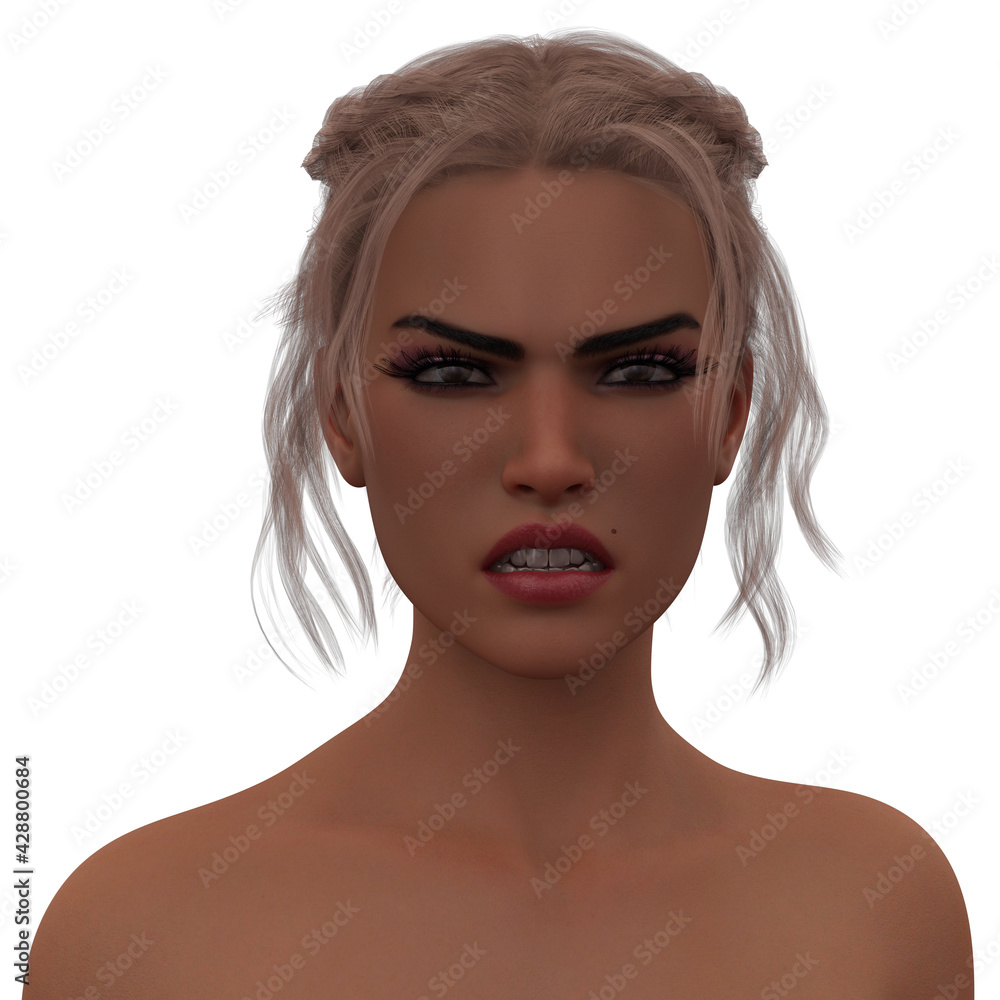 A facial expression of odium portrayed by a beautiful young blonde fashion model. Woman Isolated against white background. Photorealistic 3D rendering. Model Code CY Human Emotion Series A facial expression of odium portrayed by a beautiful young blonde fashion model. Woman Isolated against white background. Photorealistic 3D rendering. Model Code CY Human Emotion Series
