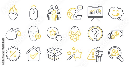 Set of Business icons, such as Group people, Discount, Search employees symbols. Heart flame, Open box, Swipe up signs. Presentation, Blood donation, Dollar money. Problem skin, Ice cream. Vector