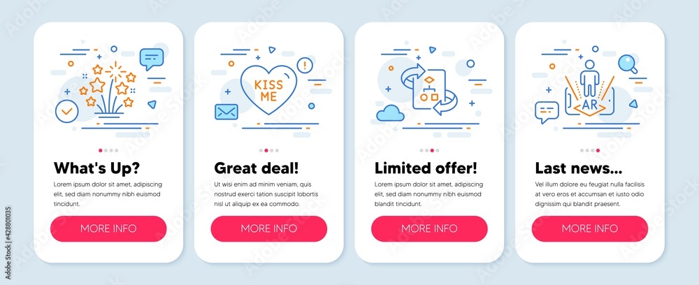 Set of line icons, such as Kiss me, Technical algorithm, Fireworks stars symbols. Mobile app mockup banners. Augmented reality line icons. Love sweetheart, Project doc, Pyrotechnic salute. Vector Set of line icons, such as Kiss me, Technical algorithm, Fireworks stars symbols. Mobile app mockup banners. Augmented reality line icons. Love sweetheart, Project doc, Pyrotechnic salute. Vector