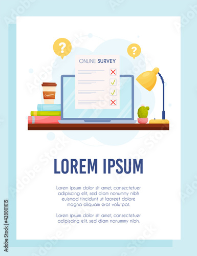 Online survey questionnaire on laptop flyer concept. Vector Illustration.