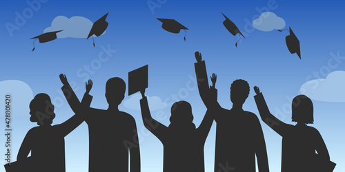 Graduate students in rejoice and throw mortarboards. Vector illustration.